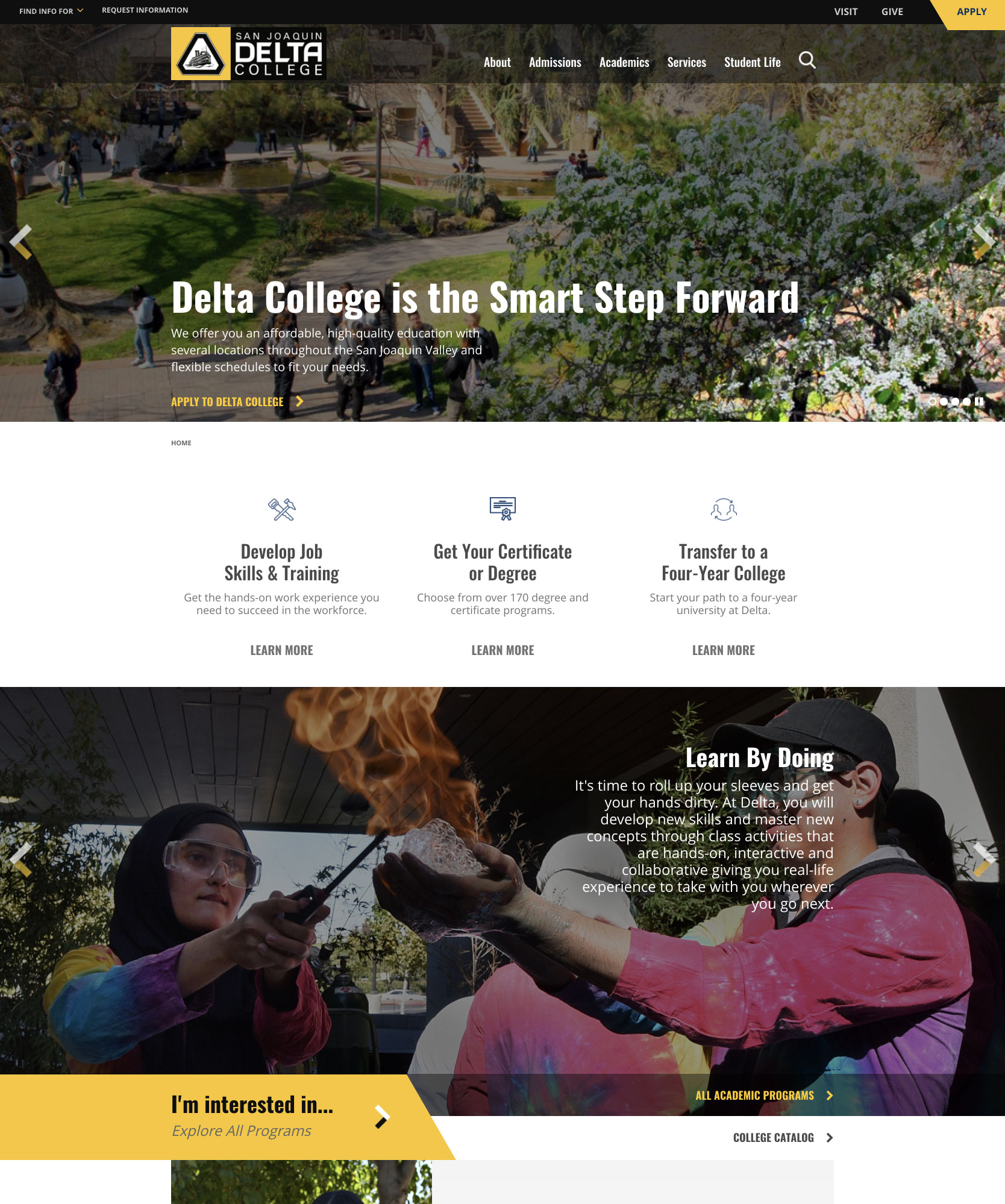 Screenshot of the new Delta College website