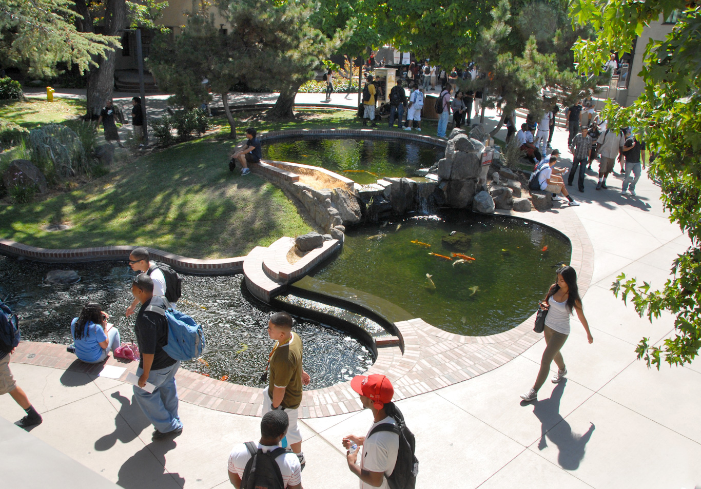 Students pass by the iconic koi pond at San Joaquin Delta College. 