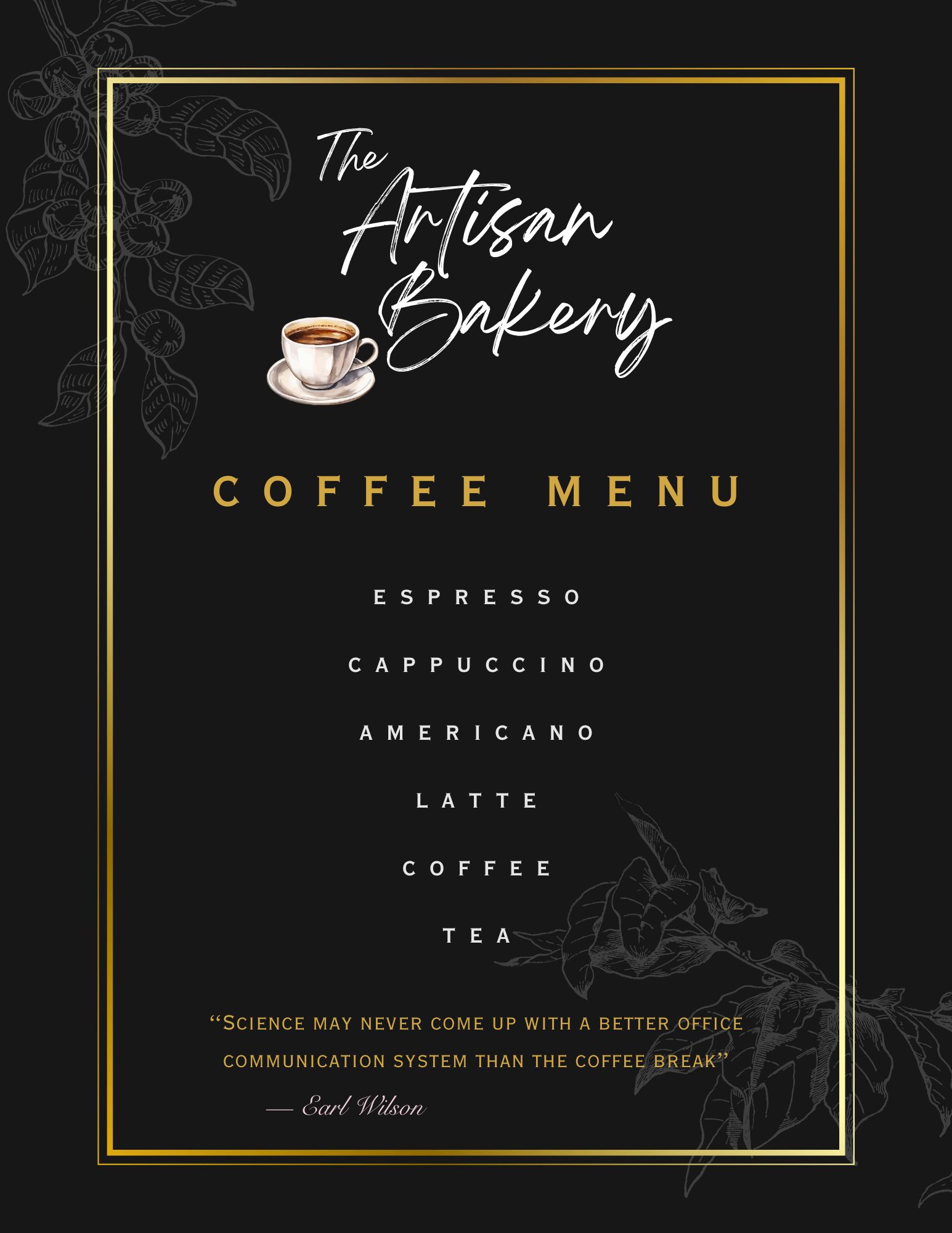 Artisan coffee menu includes espresso, cappuccino, americano, latte, coffee, and tea.