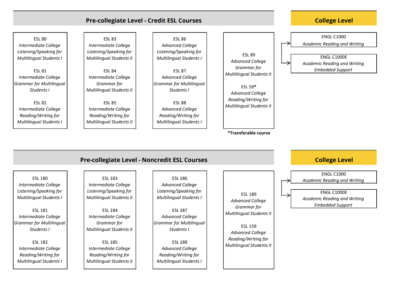 ESL Credit and Non credit Placement Chart for 2025
