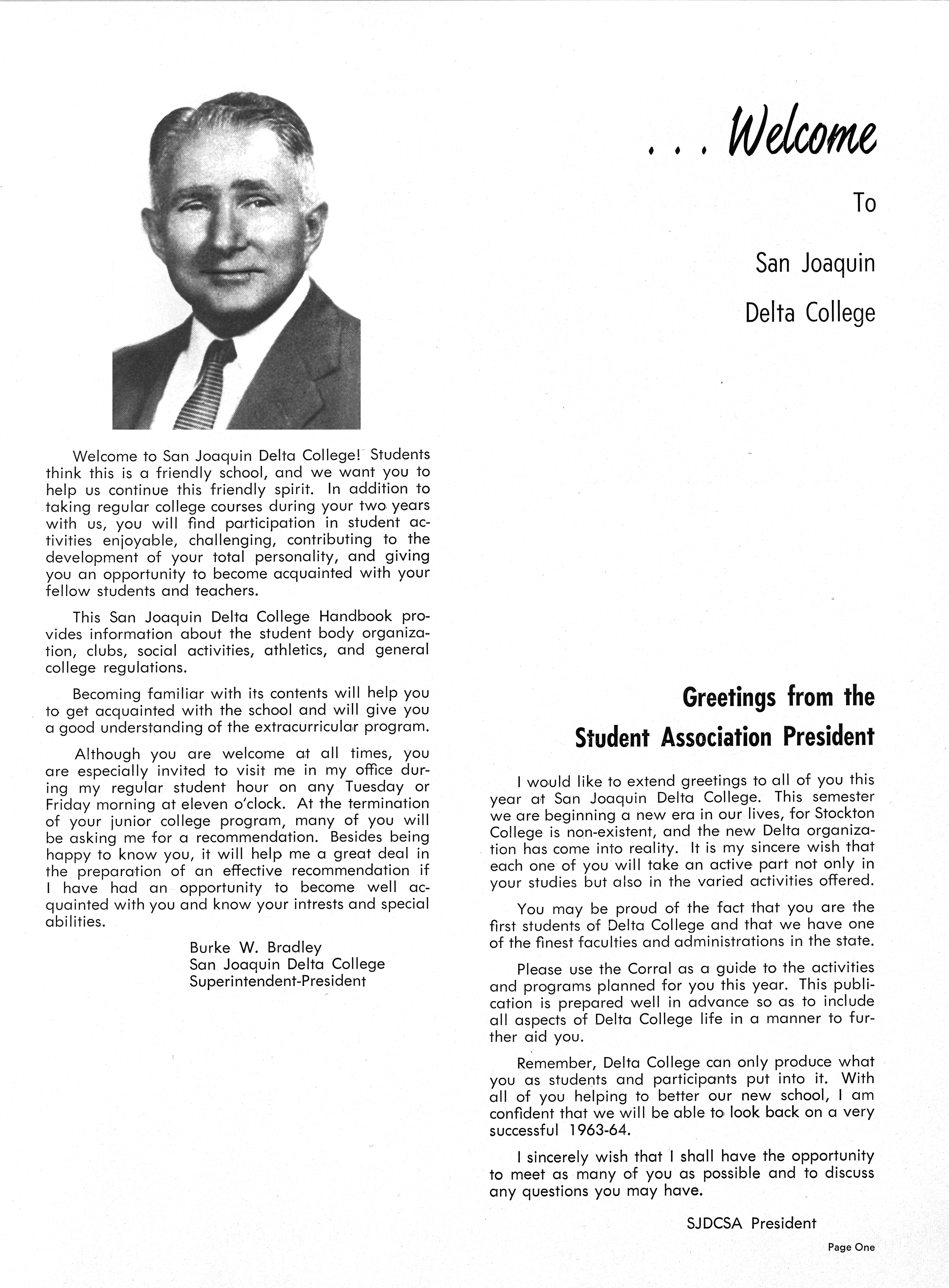 The first page of the 1963-64 Delta College catalog, featuring a message by College President Dr. Burke Bradley