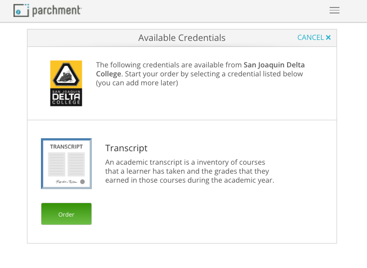 Ordering Transcripts - Credential types available