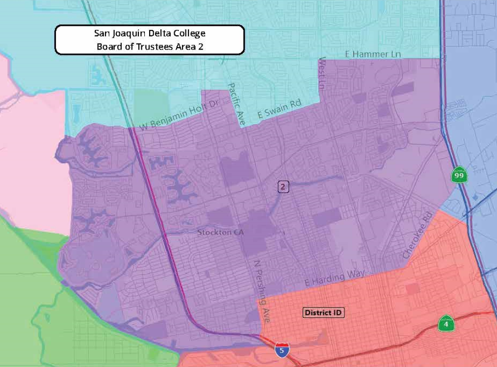 San Joaquin Delta College is seeking a new trustee to represent Area 2, in central Stockton. Area two roughly includes areas north of Harding Way and south of Ben Holt Drive and Hammer Lane, and areas west of Highway 99 and east of the San Joaquin River.